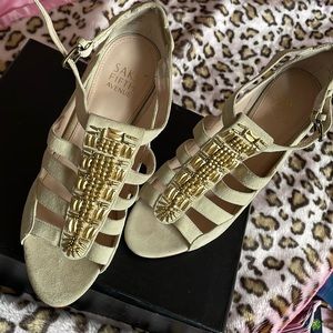 Saks Fifth Ave Beige, Suede Heels with Gold Beads